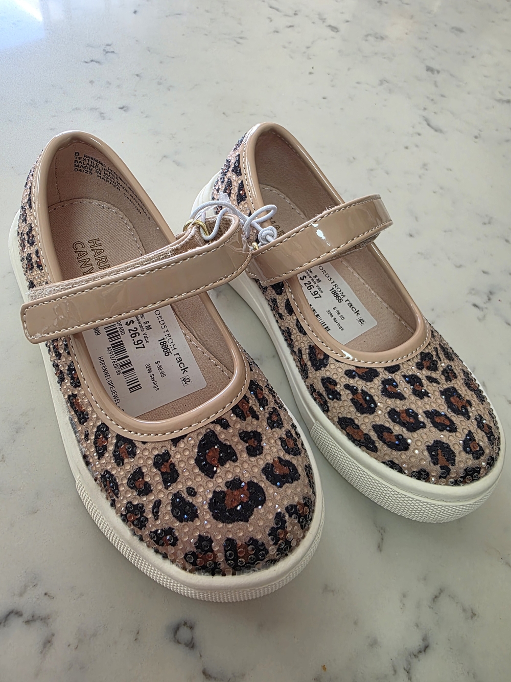 Harper Canyon Pink Beige Leopard Mary Jane Sneakers with Clear Rhinestones